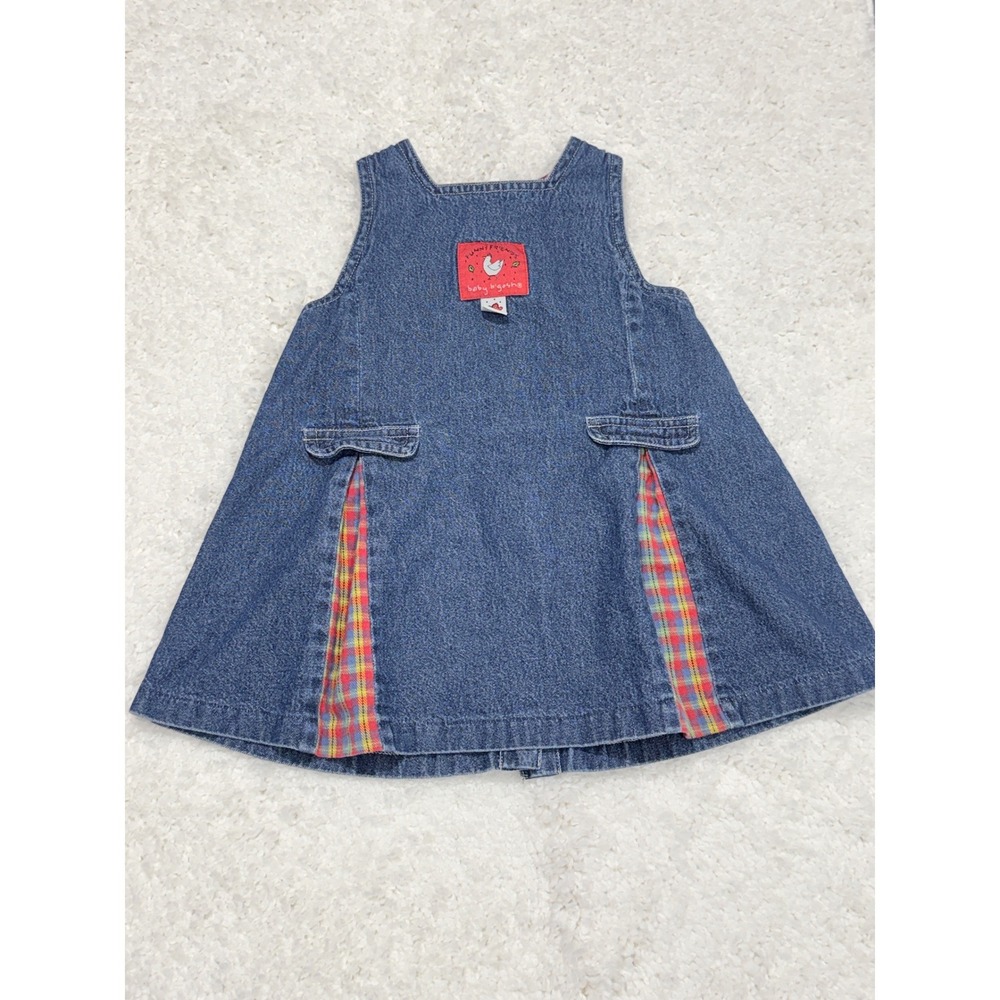 Vtg 90s 1996 OshKosh B'gosh Denim Jumper Dress Baby Girls sz 18M Fall Plaid
